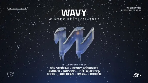 Banner van line-up Wavy Winterfestival 2025, in wintersfeer